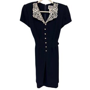 Vintage Julian Taylor New York Lace Collar Dress Sz 12 Short Sleeve Navy Retro